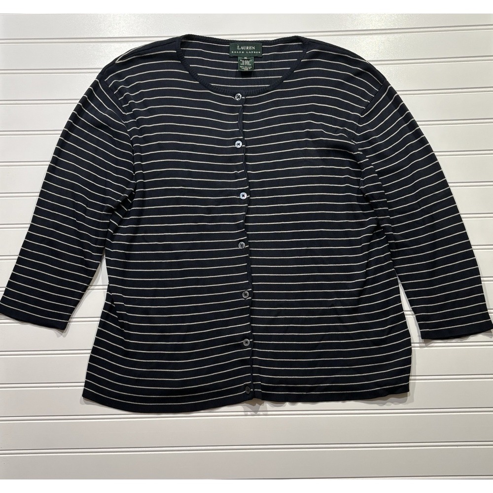 Lauren Ralph Lauren 100% Silk Cardigan Women's XL Navy White Stripe 3/4 Sleeve